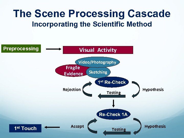The Scene Processing Cascade Incorporating the Scientific Method Preprocessing Visual Activity Video/Photography Fragile Evidence