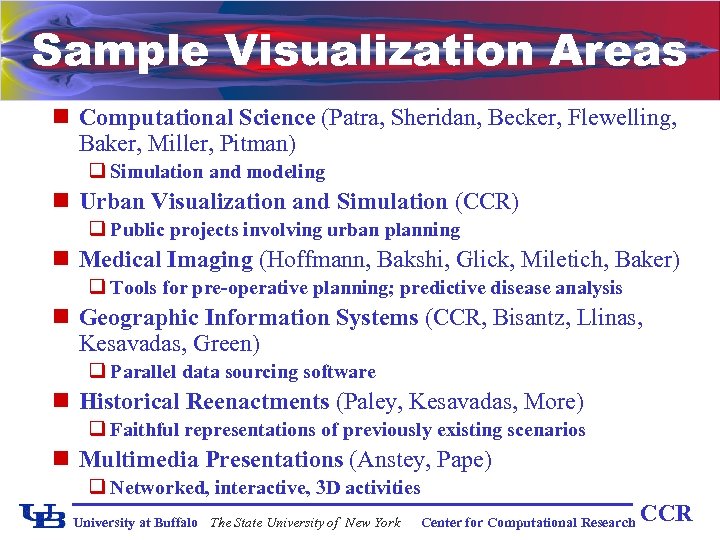 Sample Visualization Areas n Computational Science (Patra, Sheridan, Becker, Flewelling, Baker, Miller, Pitman) q
