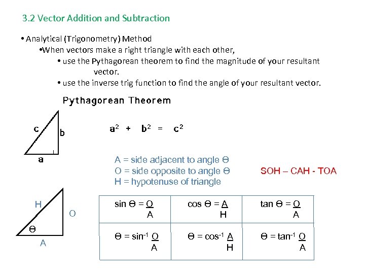  3. 2 Vector Addition and Subtraction • Analytical (Trigonometry) Method • When vectors