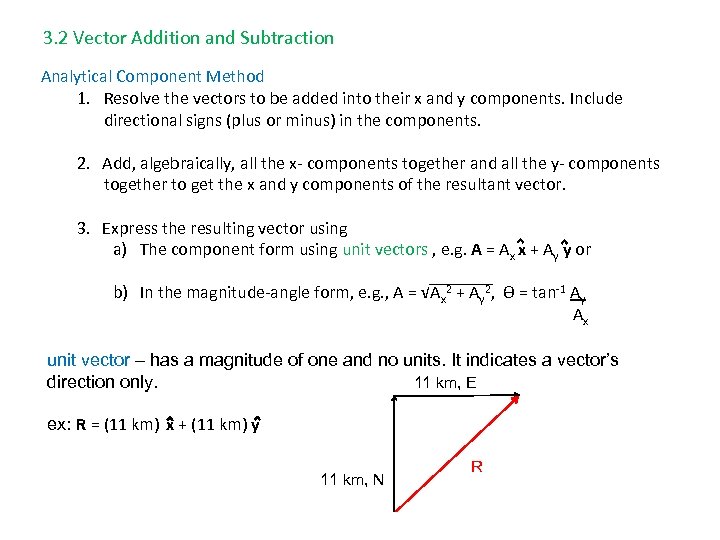 3. 2 Vector Addition and Subtraction Analytical Component Method 1. Resolve the vectors to