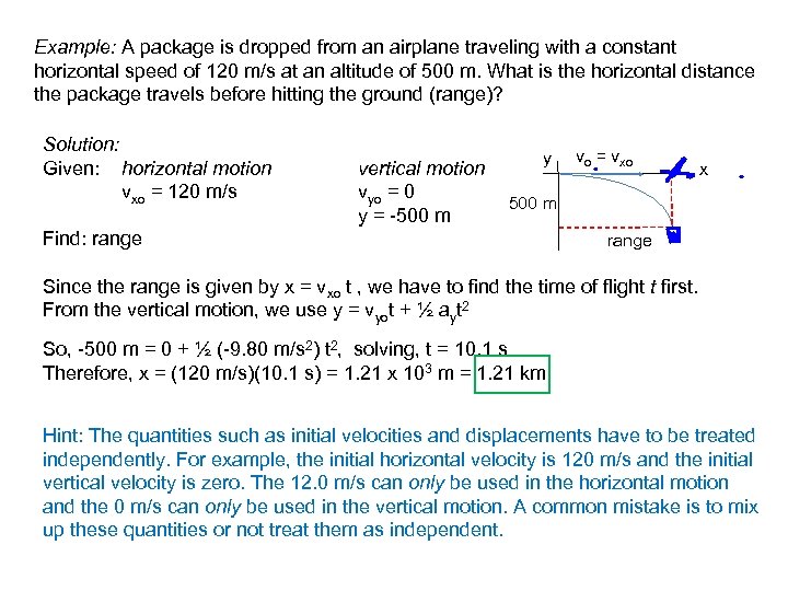 Example: A package is dropped from an airplane traveling with a constant horizontal speed