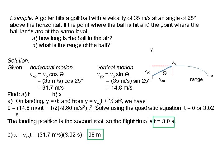 Example: A golfer hits a golf ball with a velocity of 35 m/s at