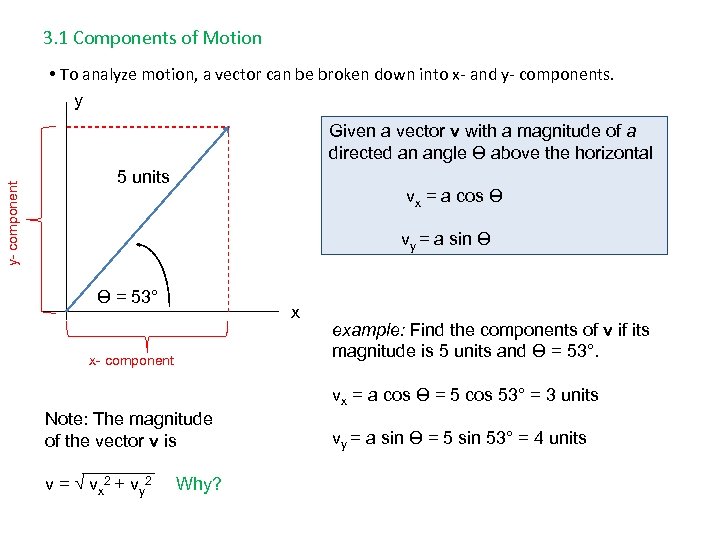 3. 1 Components of Motion • To analyze motion, a vector can be broken