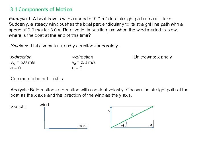 3. 1 Components of Motion Example 1: A boat travels with a speed of