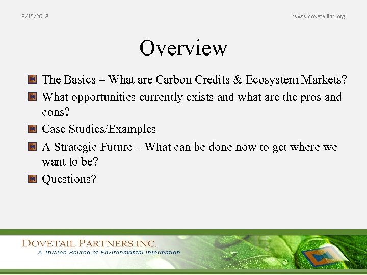 3/15/2018 www. dovetailinc. org Overview The Basics – What are Carbon Credits & Ecosystem