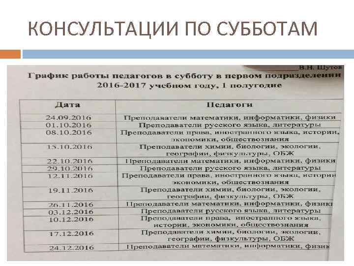 КОНСУЛЬТАЦИИ ПО СУББОТАМ 