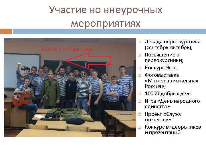 Участие во внеурочных мероприятиях Декада первокурсника (сентябрь-октябрь); Посвящение в первокурсники; Конкурс Эссе; Фотовыставка «Многонациональная