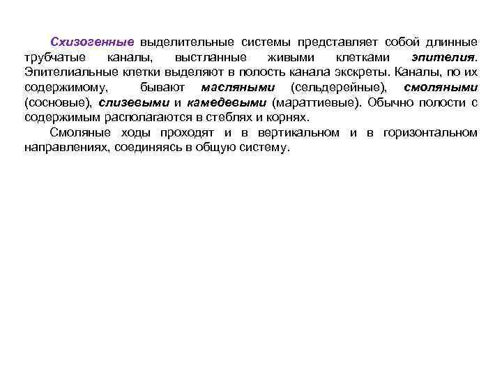 Схизогенные выделительные системы представляет собой длинные трубчатые каналы, выстланные живыми клетками эпителия. Эпителиальные клетки