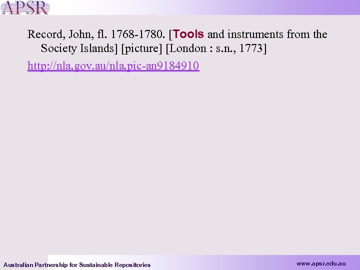 Record, John, fl. 1768 -1780. [Tools and instruments from the Society Islands] [picture] [London