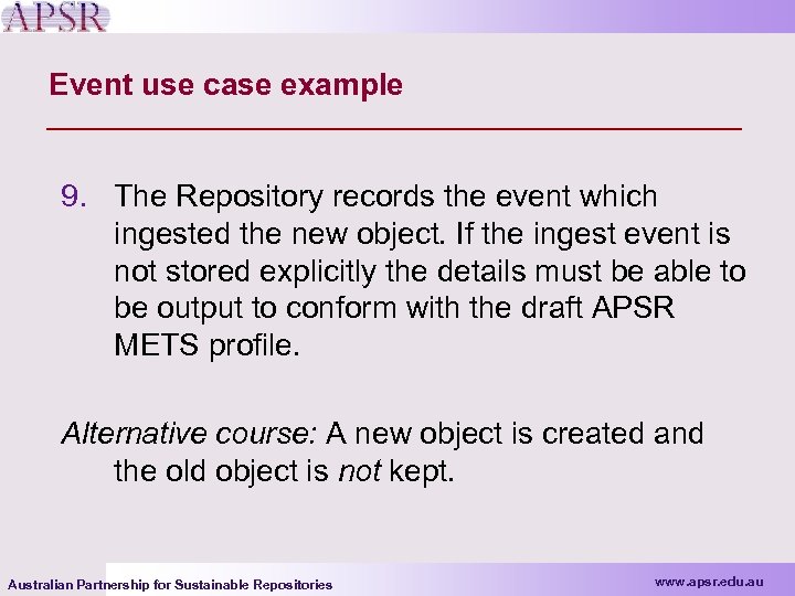Event use case example 9. The Repository records the event which ingested the new