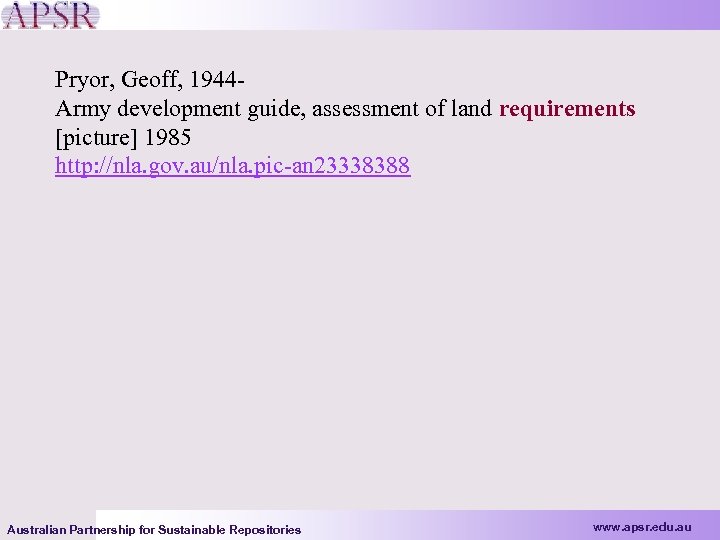 Pryor, Geoff, 1944 Army development guide, assessment of land requirements [picture] 1985 http: //nla.
