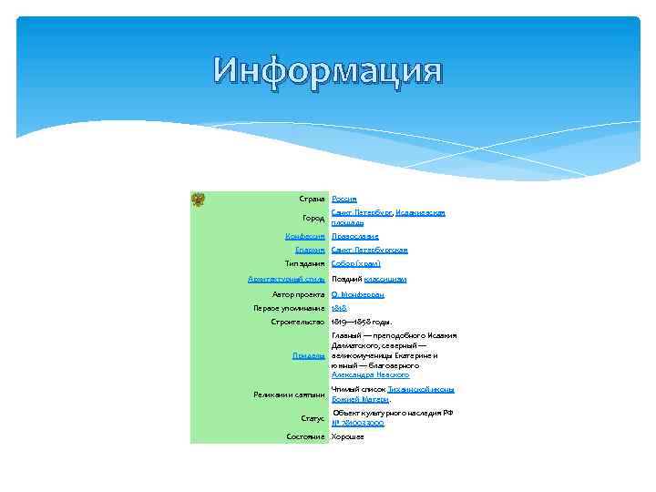 Информация Страна Россия Город Санкт-Петербург, Исаакиевская площадь Конфессия Православие Епархия Санкт-Петербургская Тип здания Собор