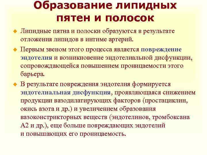 Образование липидных пятен и полосок u u u Липидные пятна и полоски образуются в