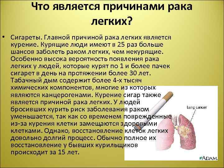 Что является причинами рака легких? • Сигареты. Главной причиной рака легких является курение. Курящие