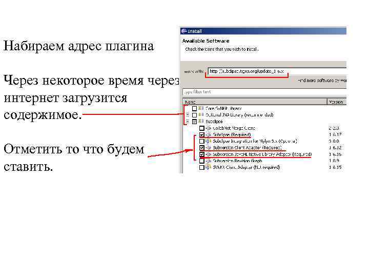 Набираем адрес плагина Через некоторое время через интернет загрузится содержимое. Отметить то что будем