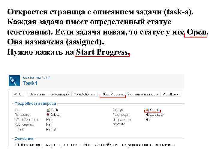 Откроется страница с описанием задачи (task-а). Каждая задача имеет определенный статус (состояние). Если задача