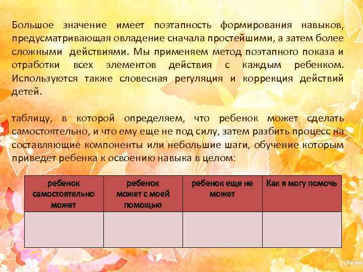 Большое значение имеет поэтапность формирования навыков, предусматривающая овладение сначала простейшими, а затем более сложными