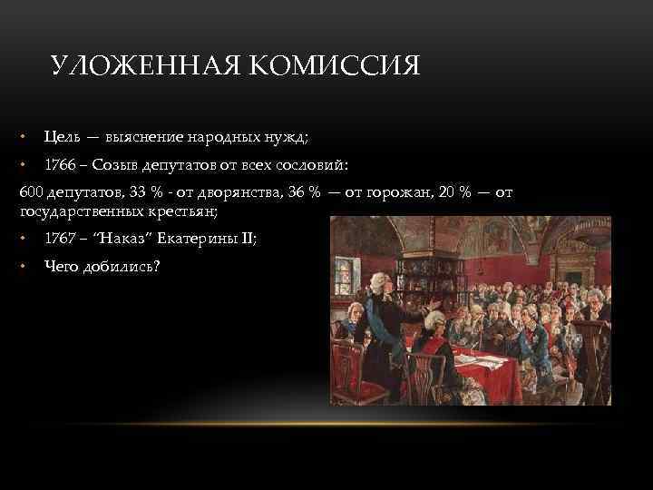 УЛОЖЕННАЯ КОМИССИЯ • Цель — выяснение народных нужд; • 1766 – Созыв депутатов от