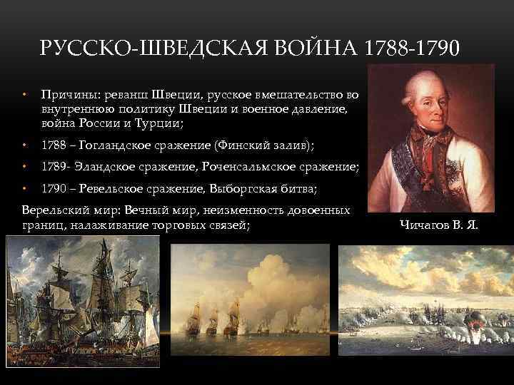 РУССКО-ШВЕДСКАЯ ВОЙНА 1788 -1790 • Причины: реванш Швеции, русское вмешательство во внутреннюю политику Швеции