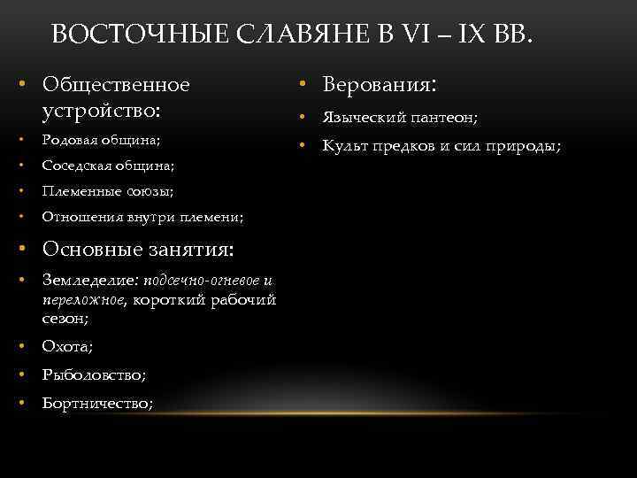  ВОСТОЧНЫЕ СЛАВЯНЕ В VI – IX ВВ. • Общественное устройство: • Родовая община;