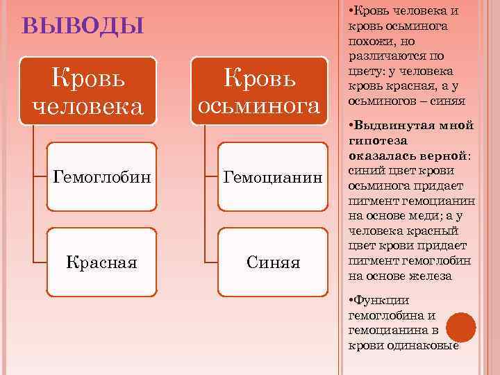 ВЫВОДЫ Кровь человека Кровь осьминога Гемоглобин Гемоцианин Красная Синяя • Кровь человека и кровь