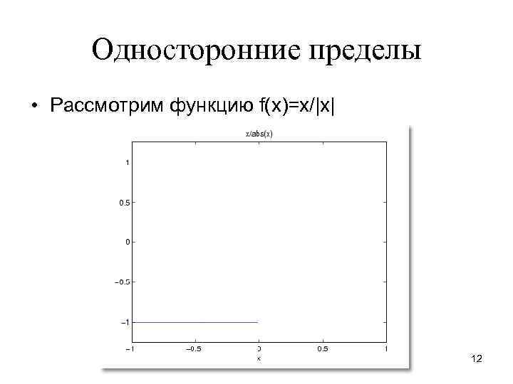 Односторонние пределы • Рассмотрим функцию f(x)=x/|x| 12 