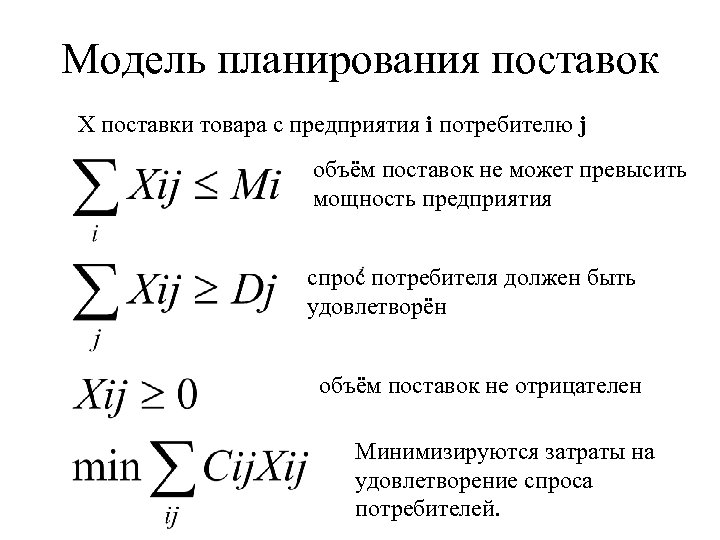 Модель планирования поставок Х поставки товара с предприятия i потребителю j объём поставок не