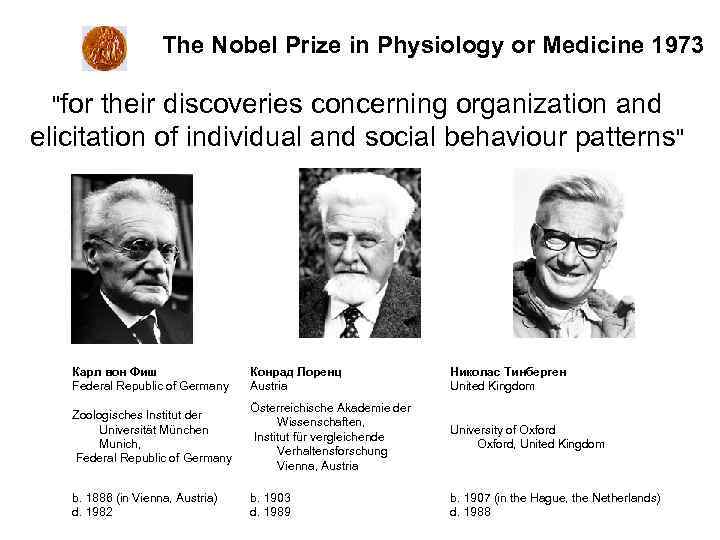 The Nobel Prize in Physiology or Medicine 1973 "for their discoveries concerning organization and