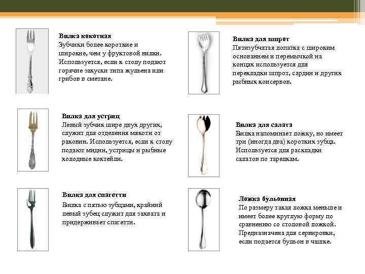 Вилка кокотная Зубчики более короткие и широкие, чем у фруктовой вилки. Используется, если к