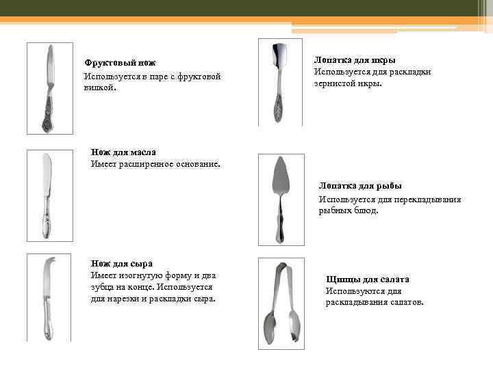 Фруктовый нож Используется в паре с фруктовой вилкой. Лопатка для икры Используется для раскладки