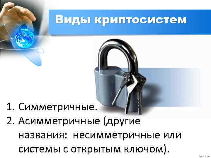 Виды криптосистем 1. Симметричные. 2. Асимметричные (другие названия: несимметричные или системы с открытым ключом).