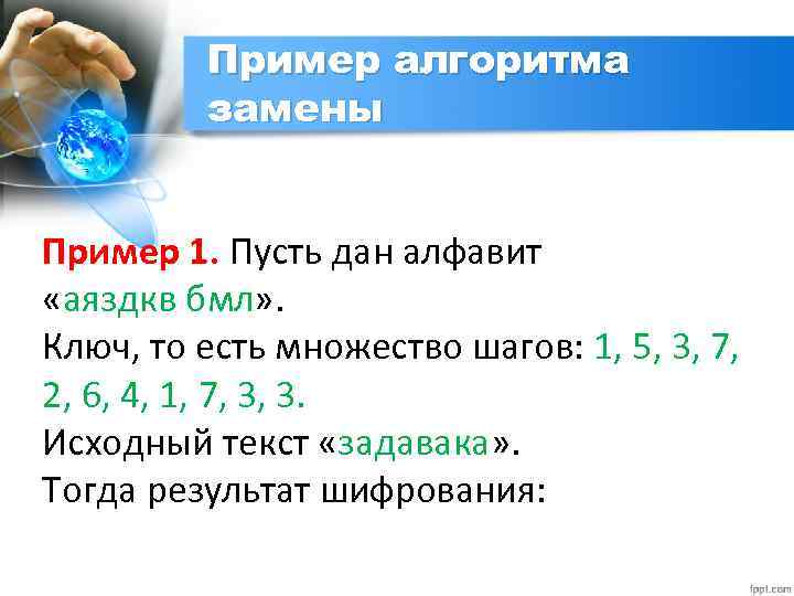 Пример алгоритма замены Пример 1. Пусть дан алфавит «аяздкв бмл» . Ключ, то есть