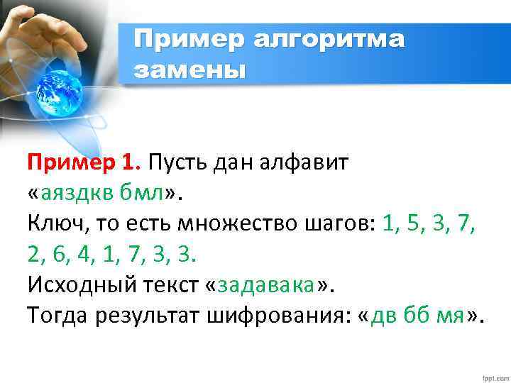 Пример алгоритма замены Пример 1. Пусть дан алфавит «аяздкв бмл» . Ключ, то есть