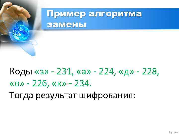 Пример алгоритма замены Коды «з» - 231, «а» - 224, «д» - 228, «в»