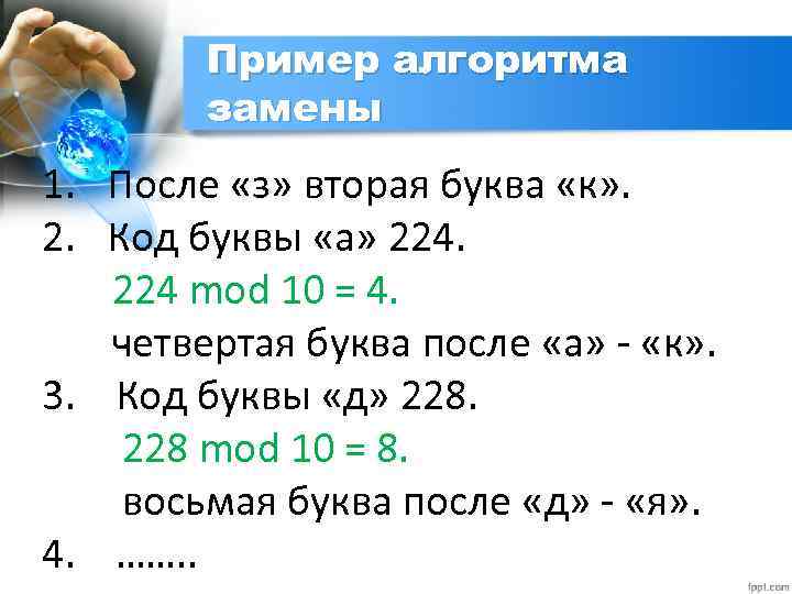 Пример алгоритма замены 1. После «з» вторая буква «к» . 2. Код буквы «а»