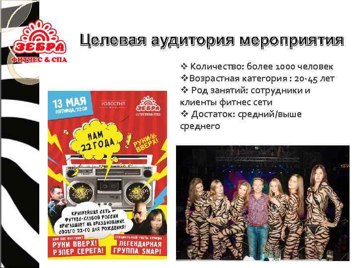Целевая аудитория мероприятия v Количество: более 1000 человек v. Возрастная категория : 20 -45
