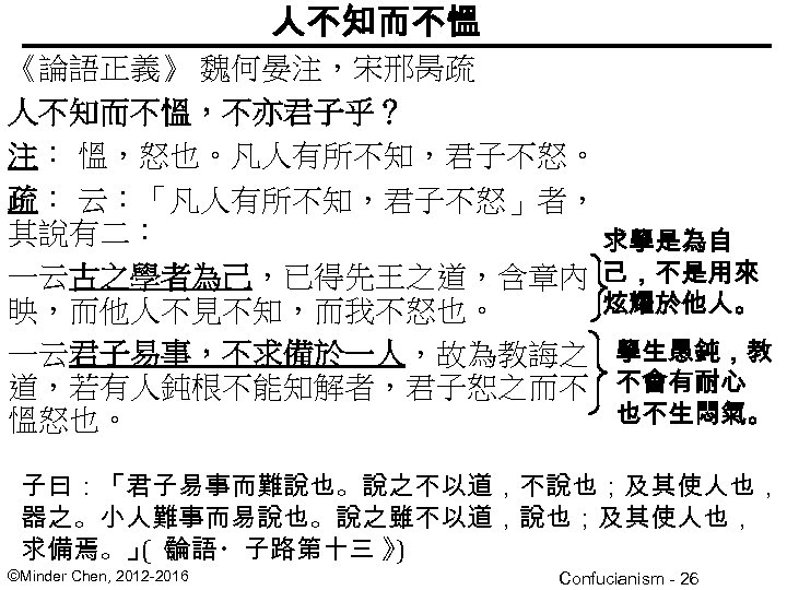 人不知而不慍 《論語正義》 魏何晏注，宋邢昺疏 人不知而不慍，不亦君子乎？ 注： 慍，怒也。凡人有所不知，君子不怒。 疏： 云：「凡人有所不知，君子不怒」者， 其說有二： 求學是為自 一云古之學者為己，已得先王之道，含章內 己，不是用來 炫耀於他人。 映，而他人不見不知，而我不怒也。