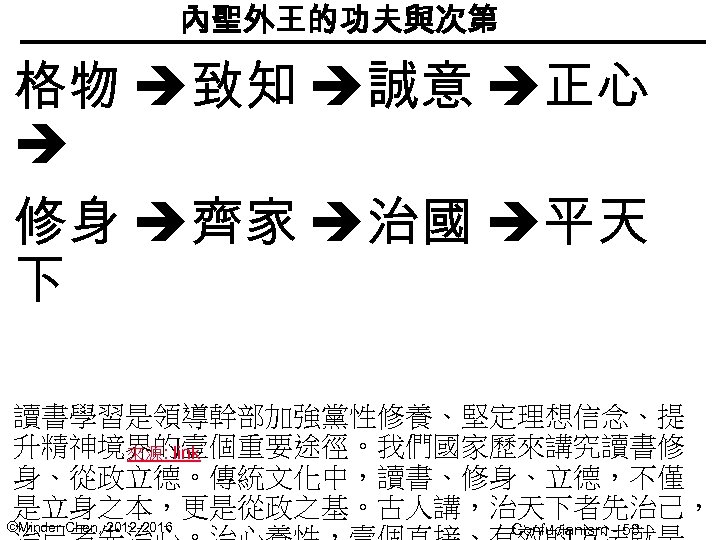 內聖外王的功夫與次第 格物 致知 誠意 正心 修身 齊家 治國 平天 下 讀書學習是領導幹部加強黨性修養、堅定理想信念、提 升精神境界的壹個重要途徑。我們國家歷來講究讀書修 來源: link