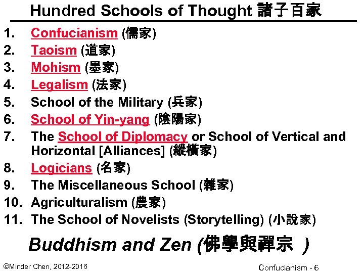 Hundred Schools of Thought 諸子百家 1. 2. 3. 4. 5. 6. 7. Confucianism (儒家)