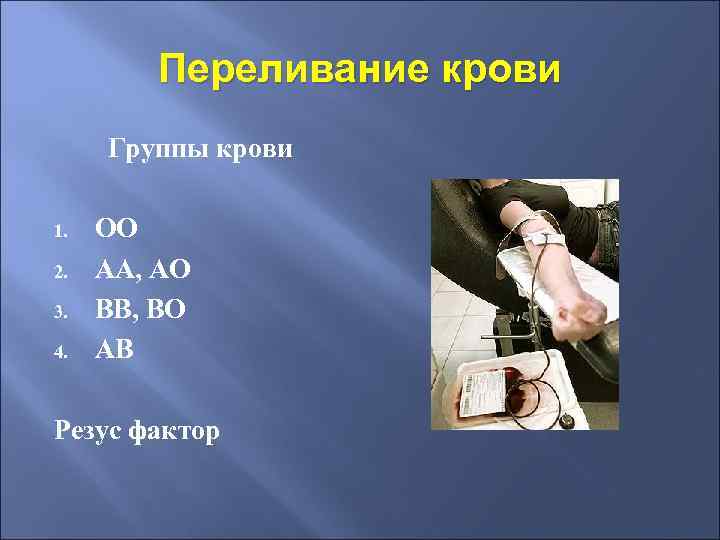 Переливание крови Группы крови 1. 2. 3. 4. ОО АА, АО ВВ, ВО АВ