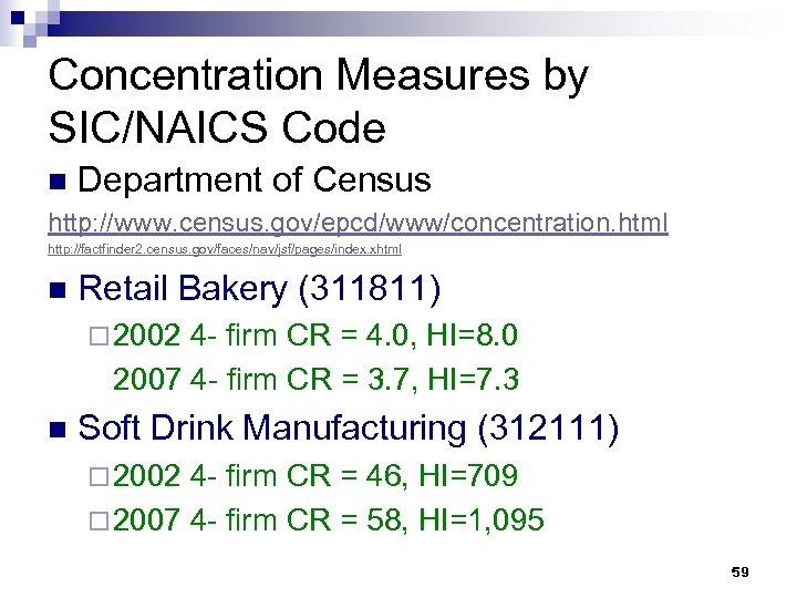 Concentration Measures by SIC/NAICS Code n Department of Census http: //www. census. gov/epcd/www/concentration. html