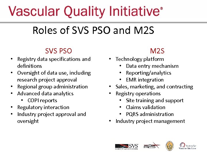 Roles of SVS PSO and M 2 SVQI SVS PSO • Registry data specifications