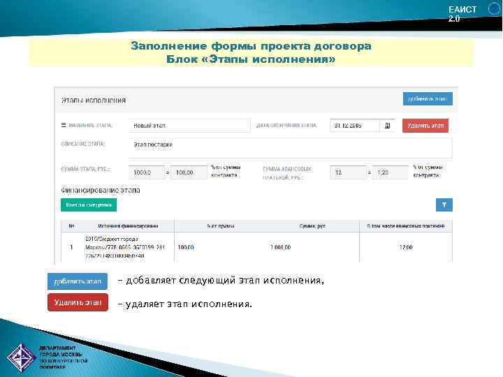 ЕАИСТ 2. 0 Заполнение формы проекта договора Блок «Этапы исполнения» - добавляет следующий этап
