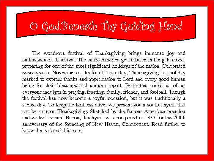 O God, Beneath Thy Guiding Hand The wondrous festival of Thanksgiving brings immense joy