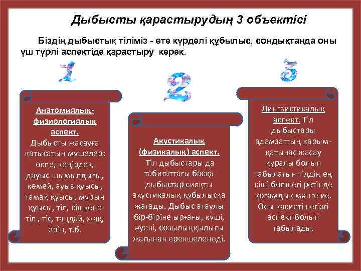 Дыбысты қарастырудың 3 объектісі Біздің дыбыстық тіліміз - өте күрделі құбылыс, сондықтанда оны үш