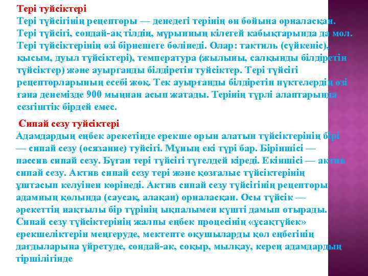 Тері туйсіктері Тері түйсігінің рецепторы — денедегі терінің өн бойына орналасқан. Тері түйсігі, сондай-ақ