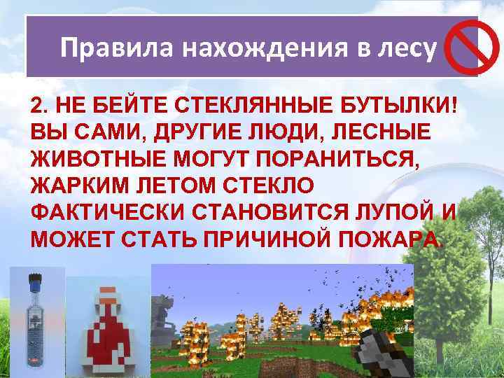 Правила нахождения в лесу 2. НЕ БЕЙТЕ СТЕКЛЯННЫЕ БУТЫЛКИ! ВЫ САМИ, ДРУГИЕ ЛЮДИ, ЛЕСНЫЕ