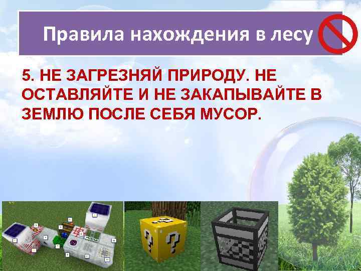 Правила нахождения в лесу 5. НЕ ЗАГРЕЗНЯЙ ПРИРОДУ. НЕ ОСТАВЛЯЙТЕ И НЕ ЗАКАПЫВАЙТЕ В