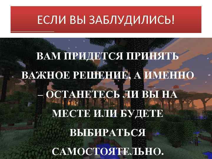 ЕСЛИ ВЫ ЗАБЛУДИЛИСЬ! ВАМ ПРИДЕТСЯ ПРИНЯТЬ ВАЖНОЕ РЕШЕНИЕ, А ИМЕННО – ОСТАНЕТЕСЬ ЛИ ВЫ
