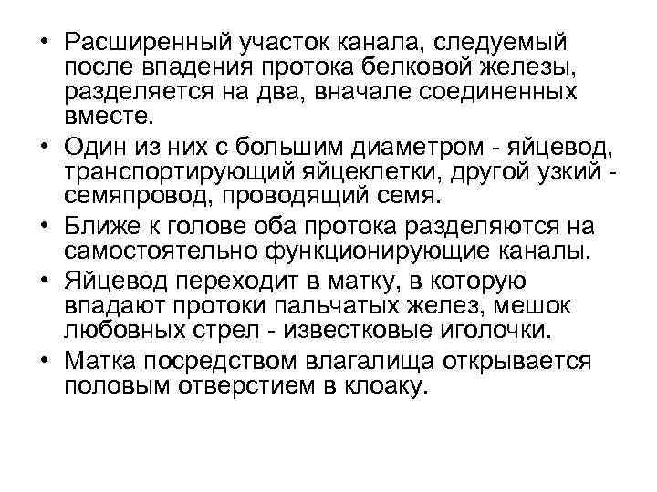  • Расширенный участок канала, следуемый после впадения протока белковой железы, разделяется на два,
